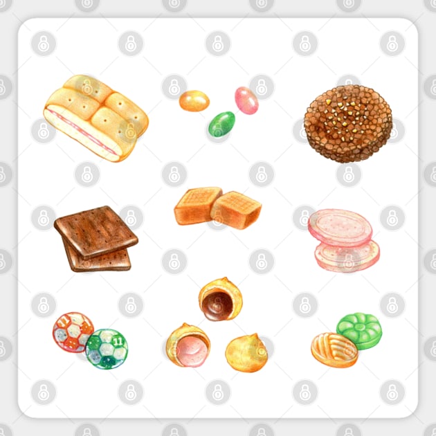Taiwan Traditional Food - Nostalgic Snacks 台灣懷舊零食 - Apple Bread, Caramel Candy, Cream Puffs Magnet by Rose Chiu Food Illustration